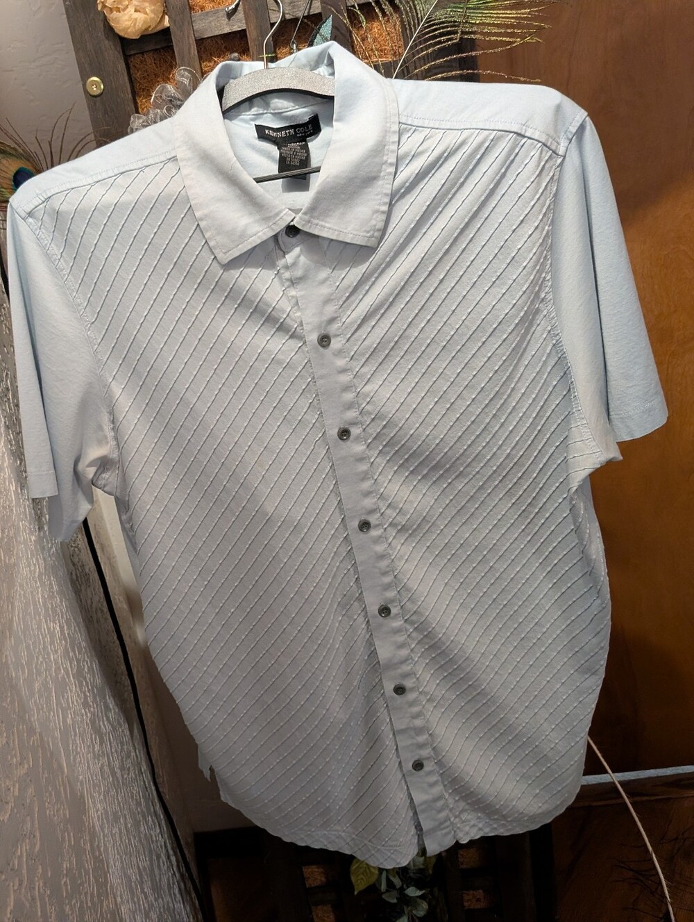 Kenneth Cole Pale Blue Short-Sleeve Diagonal Texture Button-Down Shirt